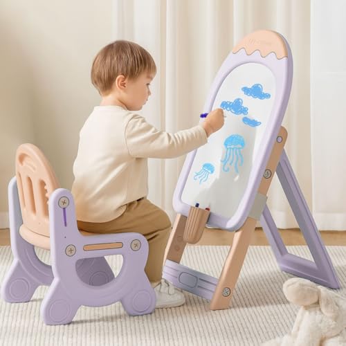Image of Little Olive Kids Chair and Drawing Board with Easel Plastic Activity Table | Creative Learning Station for Toddlers | Pastel Purple | DIY Assembly