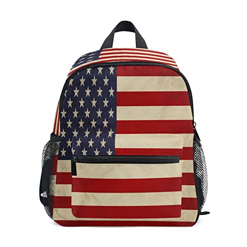 Mochila vintage con bandera de Estados Unidos para niñas y niños, pequeña bolsa de hombro escolar con etiquetas de nombre, bolsa de viaje para estudiantes preescolares, bolsa de pañales para jardín de