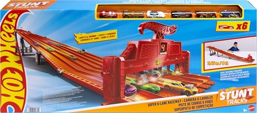 Hot Wheels Toy Car Playset with Lights, Sounds & 6 1:64 Scale Vehicles, Super 6-Lane Raceway, 8-foot Track that Rolls Up for Storage (Amazon Exclusive)