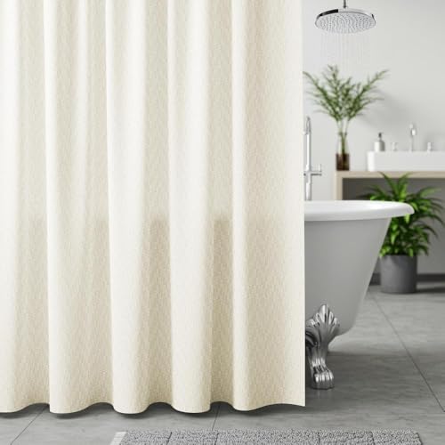Image of Wakefit Shower Curtain 7 Feet | 14 Free Hooks | No Plastic Smell | Waterproof Bathroom Curtain | Curtain for Balcony | Machine Washable Fabric | Off-White | Height 7ft & Width 6ft | Very Premium