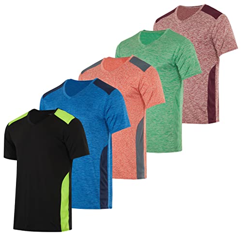 Paquete de 5: camiseta deportiva deportiva con cuello en V para hombre que absorbe la humedad, Juego 14, Large Cover