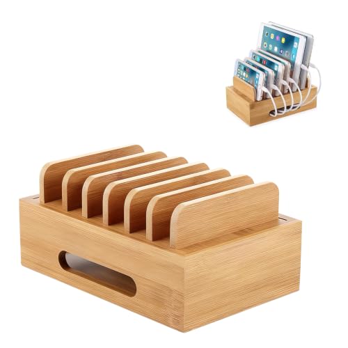 Holz Ladestation für Mehrere Geräte Ladestations Organizer 6 Fächer Handy-Dock Tragbare...