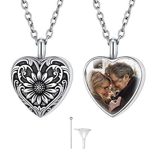 FindChic Collares para Cenizas Difuntos Personalizados Colgante Cenizas con Foto Collar de Corazón Girasol Plateado