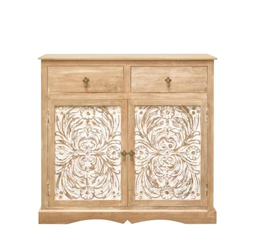 Image of The Attic Jodhpur Sideboard, Multipurpose Cabinet for Kitchen and Living Room Storage, Crockery Storage, Solid Wood Handcarved Marvel, Natural + White Matte Finish