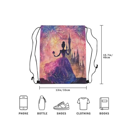 Image of jejeloiu Princess Drawstring Backpack 13x15.7inch Castle Print Waterproof Gym Drawstring Bags Romantic Sports String Backpack Beach Swim Travel Bag Sackpack