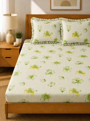 Image of Cotton Feel King Size Flat Bedsheet for Double Bed (90 x 100 Inches | 230 x 250 cm) with 2 Pillow Covers | Soft & Smooth Printed Bedsheet for Daily Use (NEWGREENFRILL, King Bed-90x100)