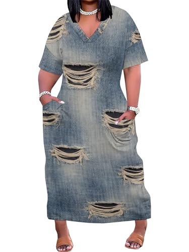 Image of SUZONANA Plus Size Denim Print Maxi Dresses for Women Casual V Neck Short Sleeve with Pockets Soft Jean Look Dress XL-6XL