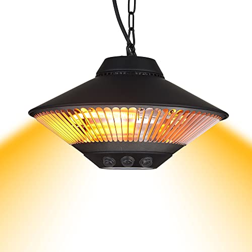 Festa Essential IP55 1500W Electric Hanging Patio Heater for Outdoors w/Infrared Carbon Tubes, LED Light, Tilt Switch and Pole Mounting Hole - Black