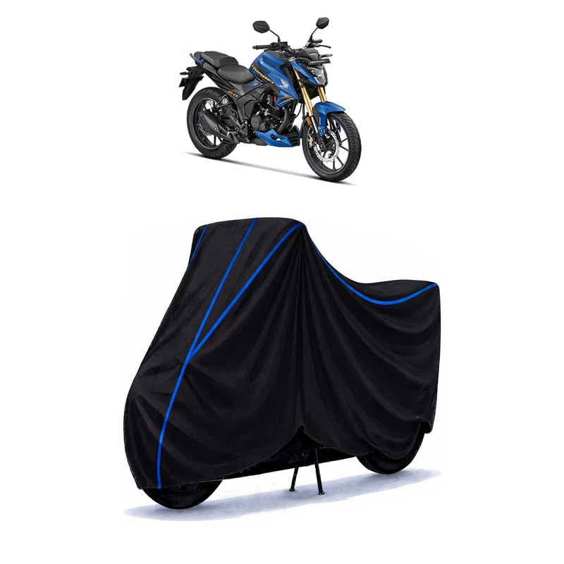 Image of Hornet 2.0 Bike Cover Water Resistant Universal Motorcycle Rain | Heavy Duty UV Protection, Dust, Scratch Indoor Outdoor All Weather with Black Blue Piping Elastic