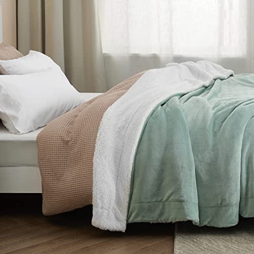 Image of Bedsure GentleSoft Sherpa Fleece Blankets King Size for Bed, Non-Heated, Thick and Warm Throw for Women and Men, Soft Fuzzy Plush King Blanket for Spring, Sage Green, 108x90 Inches