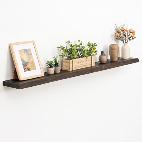 Image of Acovy Extra Deep 55 inch Long Live Edge Rustic Floating Shelves for Wall, Solid Wood Wall Shelves with Invisible Bracket Mount for Living Room Bathroom Bedroom Kitchen, Set of 1, Walnut