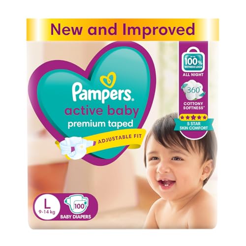 Image of Pampers Active baby Tape Style Baby Diapers, Large (L), 100 Count, 9-14 kg, Adjustable Fit with 5 Star Skin Protection (Pack of 4)