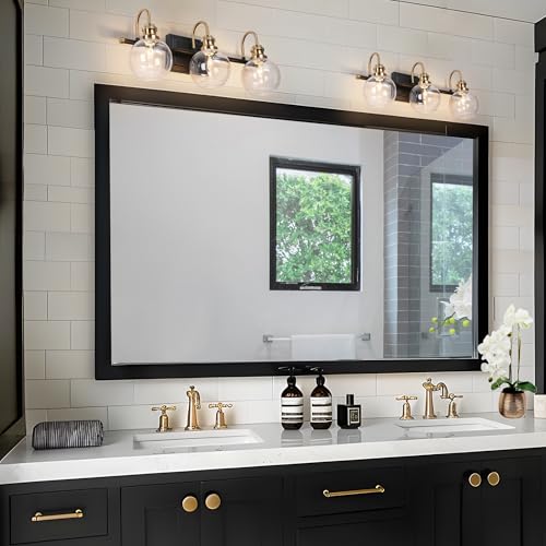 Image of KSANA Black Gold Vanity Light, Modern 3-Light Bathroom Light Fixture with Clear Glass Globes, Electroplating Brass 22 inchL Vanity Lighting Over Mirror