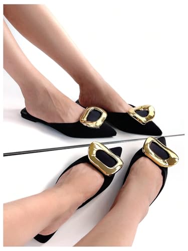 OYOANGLE Women's Metal Decor Flats Pointed Toe Slip On Backless Elegant Mule Shoes3