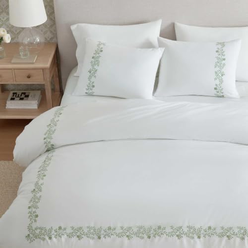 Image of Martha Stewart - Twin Comforter Set, Soft Cotton Front with a Smooth Cotton Percale Reverse, 2 Piece Bed Set with Matching Pillowcase (Garden Path Embroidery Green)