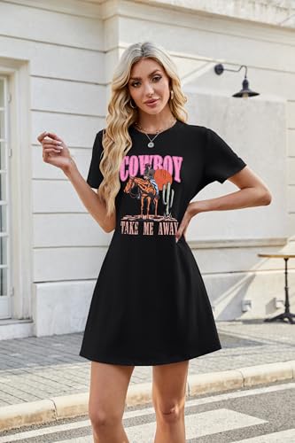 Image of Cowboy Western Dress for Women: Vintage Rodeo Graphic Dresses Country Music Sundress Short Sleeve Cowgirl Outfits
