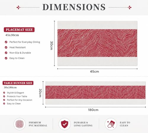 Image of YELONA Placemats and Table Runner Set - Heat Resistant, Non-Slip & Washable PVC Vinyl Dining Table Mats - Berry Red (4 Placemats: 45x30 cm, 1 Runner: 180x30 cm)