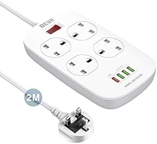 4 Way Extension Lead, Multi Plug Power Strip with 4 USB Ports (QC 18W+5V 3.1A), BEVA Quick Charge 3.0 Power Extension UK Socket Plug, Wall Mounted, 2M Cable for Home Office - 2500W/10A