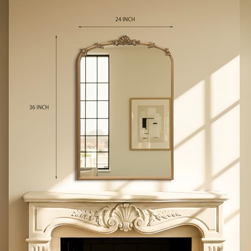 Image of Besdomus Vintage Gold Mirror for Bathroom: 24 inchx36 inch Ornate Arched Mirror | French Baroque Antique for Wall /Mantel /Bedroom /Entryway /Vanity /Hallway - Ideal for Fashion- Conscious