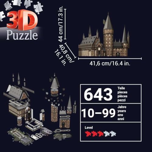 Ravensburger - Puzzle 3D Building - Château de Poudlard illuminé - La Grande Salle/Harry Potter - A partir de 10 Ans - 540 pièces numérotées à Assembler sans Colle - Accessoires Inclus - 11550