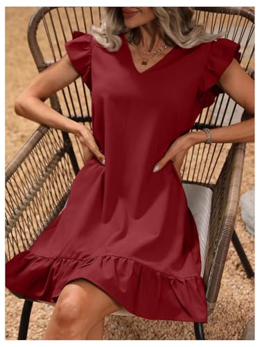 Image of SOLY HUX Summer Dresses for Women V Neck Cap Sleeve Ruffle Hem Smock Short Dress Plain Burgundy Large
