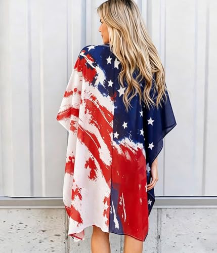 Image of Women's American Flag Kimono Cardigan 4th of July Cover Up Lightweight Patriotic Kimono Cover Up