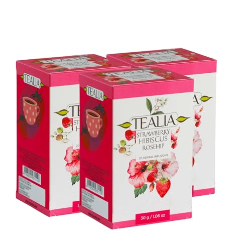 Bolsitas de té de hierbas de fresa hibisco y rosa mosqueta – Tealia Fruit Infusion, 1.5 g x 20 envueltas individualmente, paquete múltiple de 3 – Mezcla de hierbas aromatizadas sin cafeína para