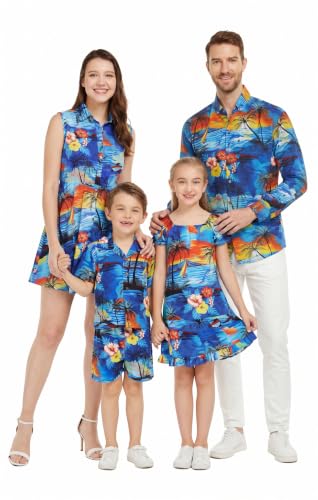Image of Hawaii Hangover Family Matching Hawaiian Clothes, Sunset Blue | Family matching Hawaiian outfits, Sunset Blue, 100% cotton, machine washable, tropical floral print, luaus, cruises