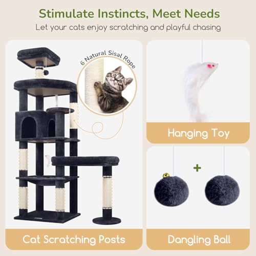 Image of Globlazer Extra Large Platform Cat Tree, 65in Sturdy Cat Scratching Tree for Indoor Cats Large Adult, Big Cat Perch Tower with 3 Padded Perches, 6 Scratching Posts, Cat Condo, Hammock, S65, Dark Grey