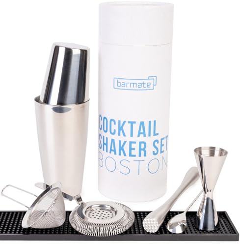barmate Edelstahl Cocktail Shaker Set Boston, 7-teilig bestehend aus Shaker, Jigger, Barlöffel, grobes Sieb, feines Sieb, Muddler und Barmatte