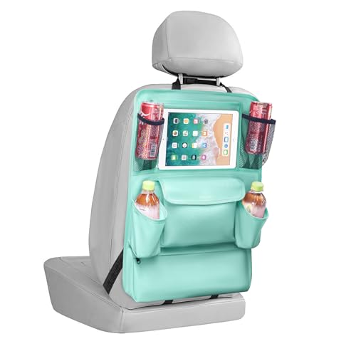 Image of LUCMO Car Backseat Organizer with Touch Screen Tablet Holder, Light Blue | 9 Storage Pockets,Clear Tablet Holder,Protectors Kick Mats,Travel Accessories,Seat Cover,Road Trip Essentials