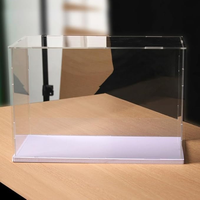 Image of Clear Acrylic Display Case - Self-Assemble Cube Box with White Base | Dustproof Protection Showcase for Collectibles, Figures, Models, Toys & Memorabilia (10x8x8)