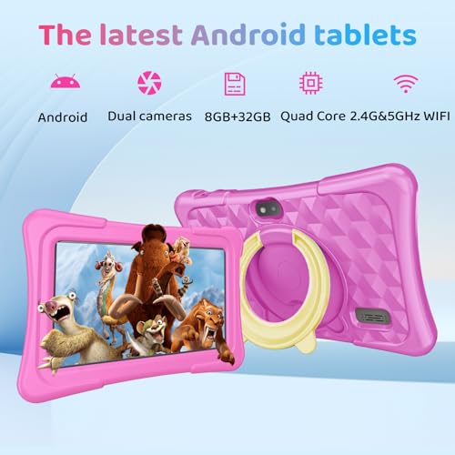 Image of Kids Tablet, 7 Inch Android 15 Tablet for Kids, 8GB+32GB 1TB Expanding, Quad Core Toddler Tablets with Shockproof Case, BT5.0, WiFi 5, Parental Controls, Games, Dual Camera (Pink)