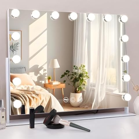 MISAVANITY Large Vanity Makeup Mirror with Lights 23"X18" Lighted Hollywood Mirror with 10X Magnification and USB Charger for Bedroom Dressing Room Tabletop 15 Dimmable LED Lights 360 Degree Rotating Cover