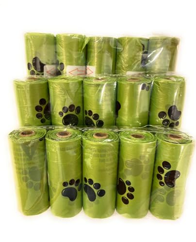 Image of Dog Poop waste Bags with Paw Print Design, 15 Rolls, total 225 Count, Thick & Leak-Proof, 8.7 x 11.8 inches, Unscented
