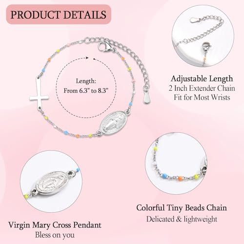 Image of Cross Beaded Bracelet for Girls - First Communion Gifts Catholic Religious Christian Jewelry 1st Holy Communion Decorations for Goddaughter