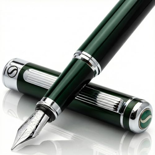 Image of Scriveiner British Racing Green Fountain Pen - Stunning Luxury Pen with Chrome Finish, Schmidt Nib (Fine), Best Pen Gift Set for Men & Women, Professional, Executive, Office, Nice Pens