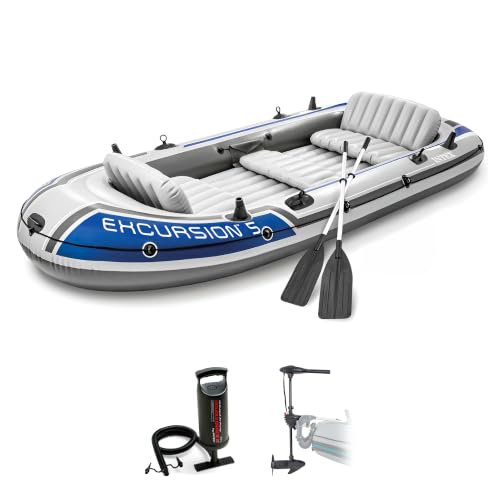 Intex Excursion 5 Inflatable 5 Person Boat and Accessories Set for Outdoor Fishing and Boating Bundled with 8 Speed Transom Mount Trolling Motor