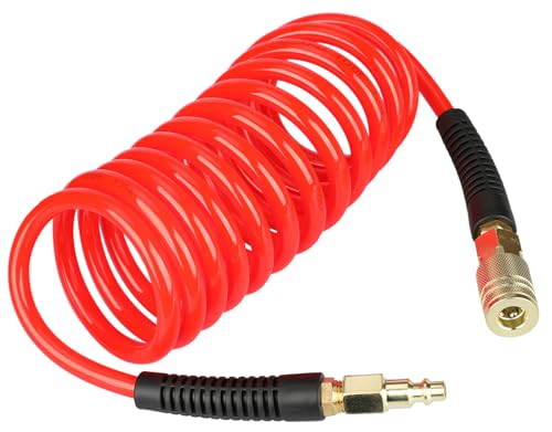 YOTOO Polyurethane Recoil Air Hose 1/4" Inner Diameter by 10' Long with Bend Restrictor, 1/4" Industrial Quick Coupler and Plug, Red