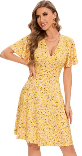 Yellow Summer Dresses for Women 2025 Vacation Casual V-Neck Floral Wrap Sundress Flutter Sleeve Knee Length Graduation Dress,X-Large