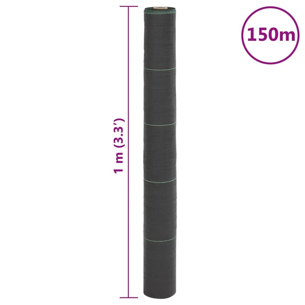 Włóknina przeciw chwastom, czarna, 1 x 150 m, PP 150 g/m², przepuszczająca wodę, odporna na rozerwanie, oddychająca, z zielonymi paskami, włóknina ogrodowa jako włóknina ochronna do grządek