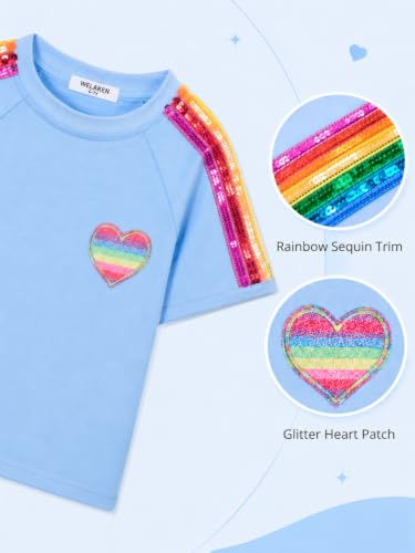 Image of WELAKEN Girls 2 Piece Outfit Kid Toddler Heart & Rainbow Sequin Striped T-shirt and Shorts Clothing Set