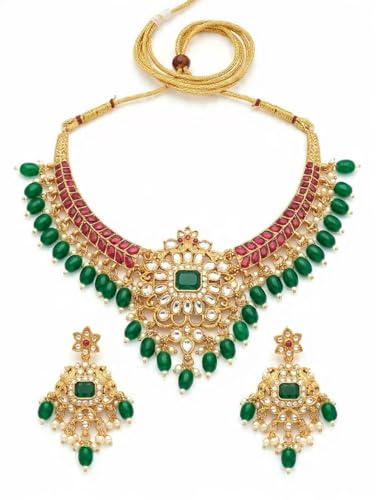 Image of South Indian Traditional Antique Matte Gold Finish Goddess Lakshmi & Peacock Motif Long Necklace Set with Jhumka Earrings for Women | Ethnic Temple Jewellery for Weddings, Brides & Festivals (Green Drops)