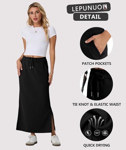 Image of Lepunuo Women's High Waisted Sweat Maxi Skirt with Pockets Slit | Ultra Soft Sweat Fabric, High Waist Drawstring, Deep Phone Pockets, Side Slit for Movement, Ideal for Lounge Travel
