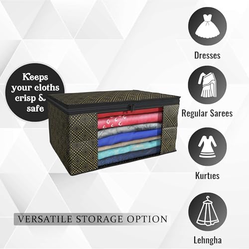 Image of Kuber Industries (Pack of 12) Saree Covers | Foldable Storage Bag for Almirah & Wardrobe | Non-Woven Saree Bags (9 Inch) Clothes Bag for Women (Golden Dot) Sari Cover Bags | Black