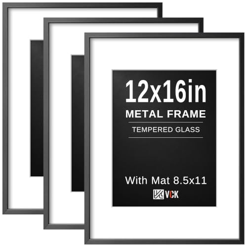 Image of VCK 12x16 Frame Black Metal, Real Glass, 8.5x11 Mat, 3 Pack, for Picture