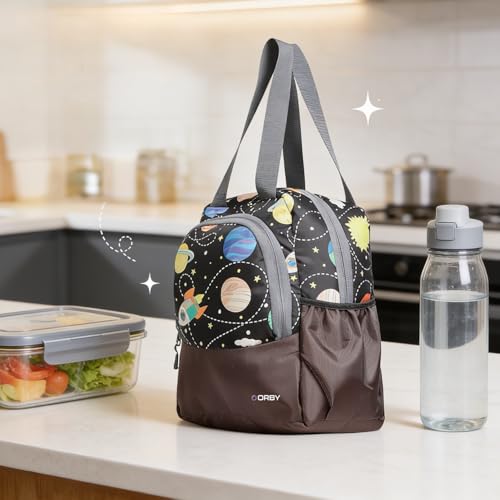 Image of ORBY Lunch Bag Galaxy Brown | Water-Repellent Durable Fabric | Tiffin Bag with Bottle Holder & Front Pocket | Strong Zipper & Spacious Meal Storage (Galaxy Pattern, Brown)