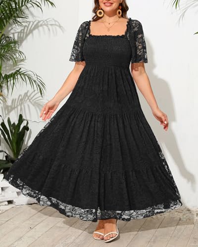 Image of Plus Size Wedding Dress Bride Boho Lace Formal Square Neck Ruffle Sleeves Long Dresses for Curvy Women