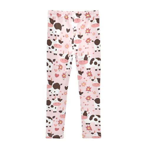 Wusikd Spotted Cow Girls' Leggings Toddler Doodles Pink Flowers Kids Yoga Pants Dance Active Tights 4T2