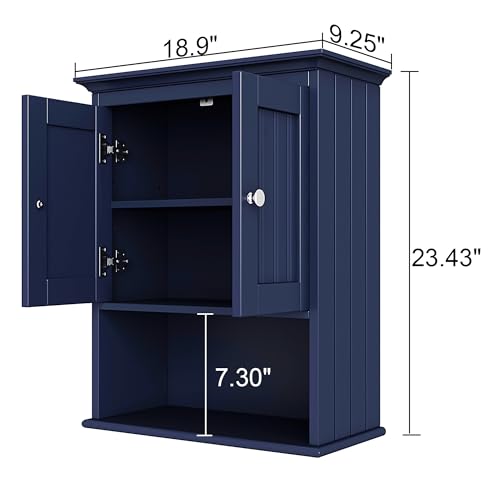 Image of Treocho Wood Wall Cabinet, Bathroom Medicine Cabinet Storage with Doors and Adjustable Shelf, Rustic Cabinet Wall Mounted for Bathroom, Living Room, Kitchen, Blue